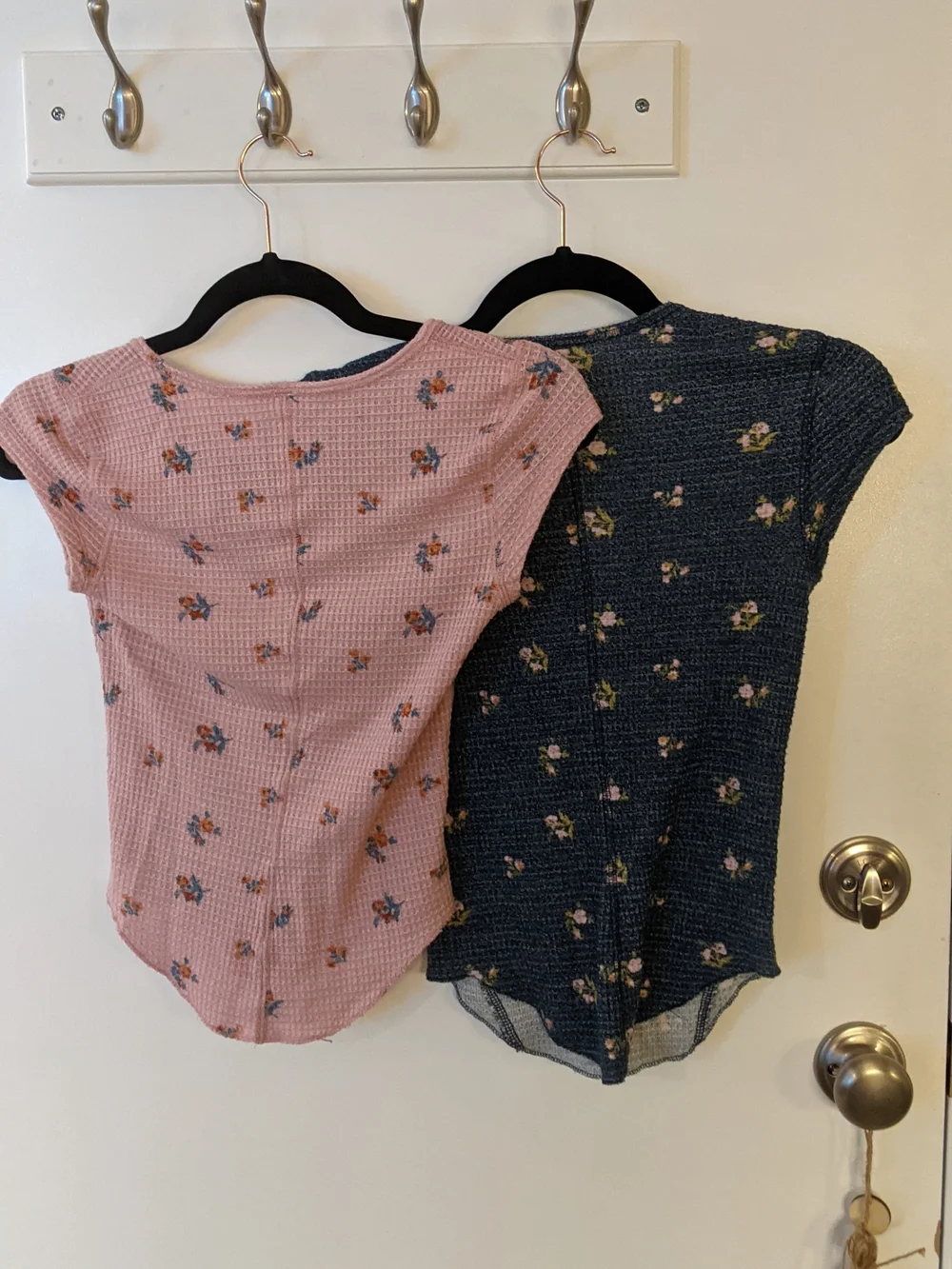 Free People Short-Sleeve Waffle Henley Tops - Pink & Navy